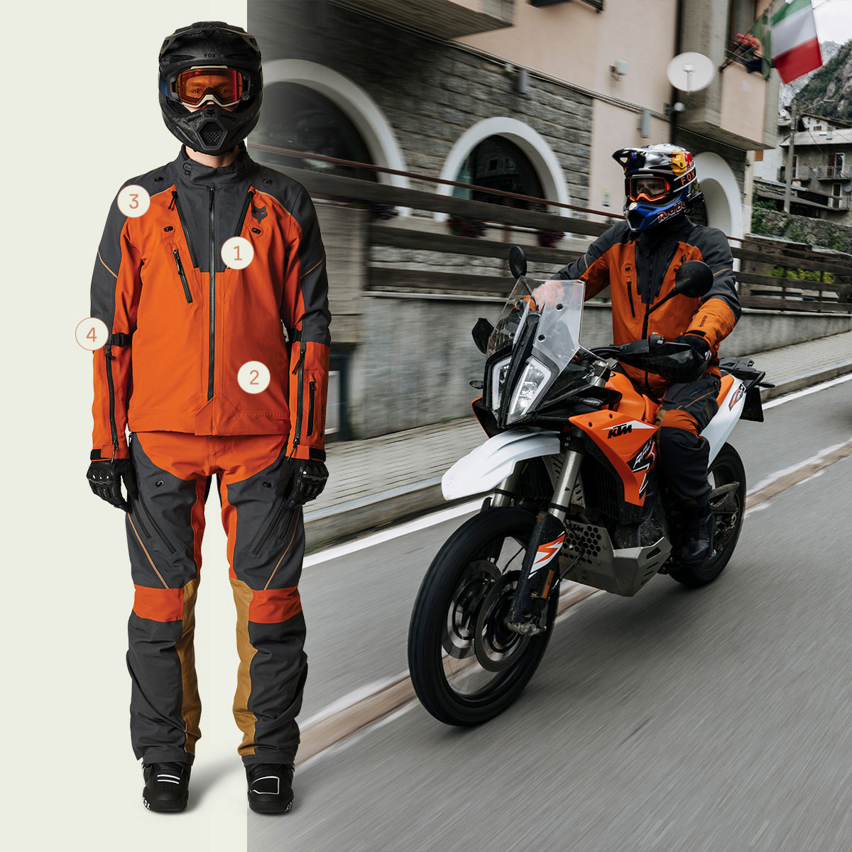 A model wearing the Fox Defend Adventure gear stands next to a rider wearing the same kit, riding on a city street.